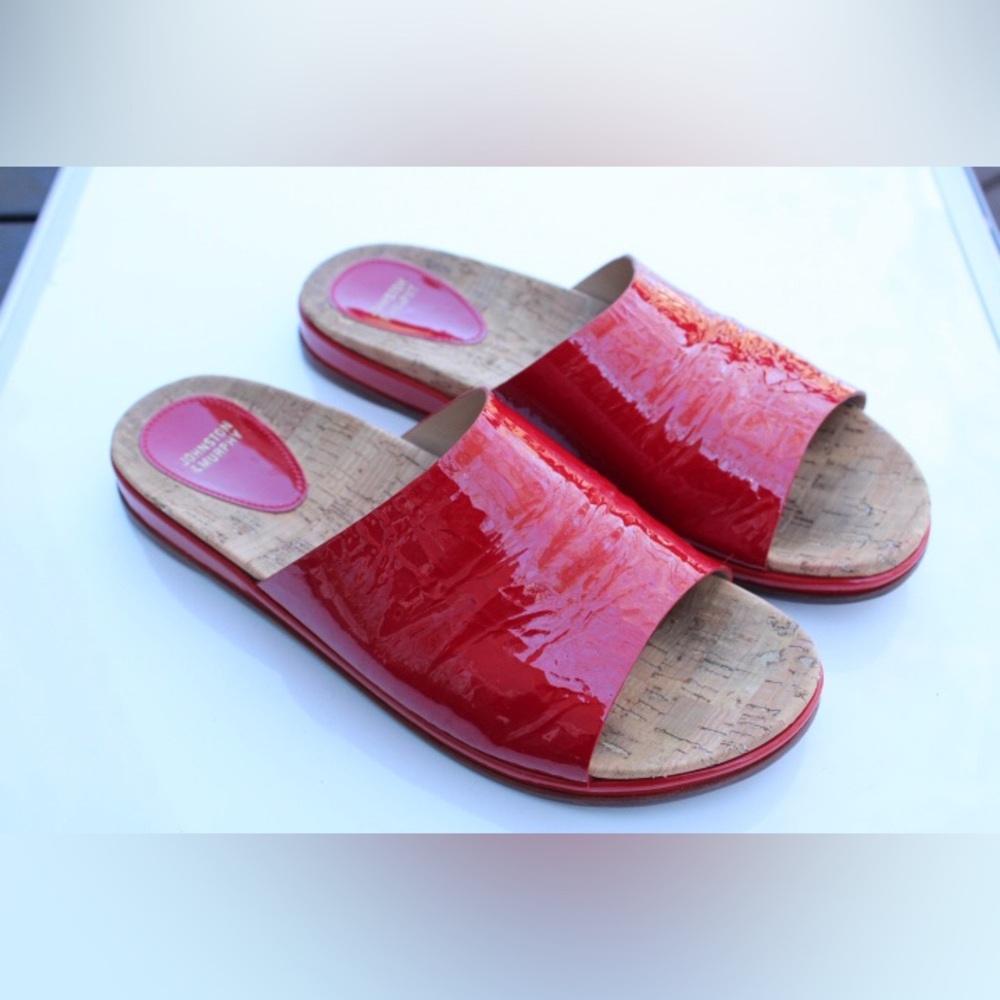 Johnston & Murphy Red Patent Cork-Trim Slide Sandals